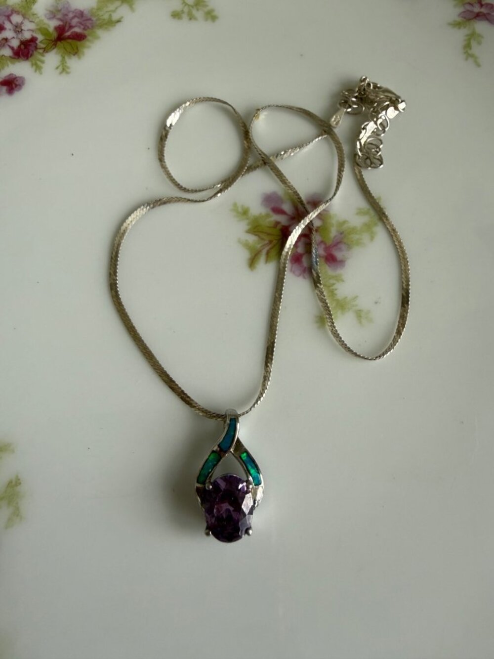 Vintage 90s 925 Sterling Silver Amethyst & opal Pendant with Chain